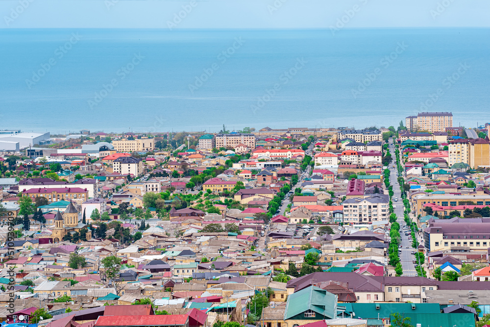 top view from the wall of the citadel to the city of Derbent and the Caspian Sea top view from the wall of the citadel to the city of Derbent and the Caspian Sea