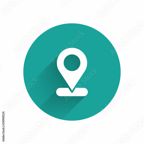 White Map pin icon isolated with long shadow. Navigation, pointer, location, map, gps, direction, place, compass, search concept. Green circle button. Vector
