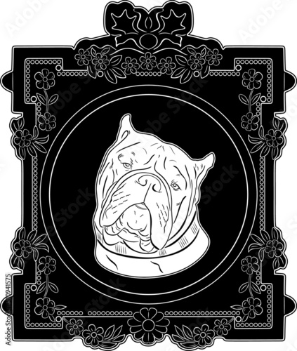 american bully dog head with vintage frame  handmade silhouette collecting