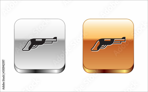 Black Vintage pistol icon isolated on white background. Ancient weapon. Silver and gold square buttons. Vector