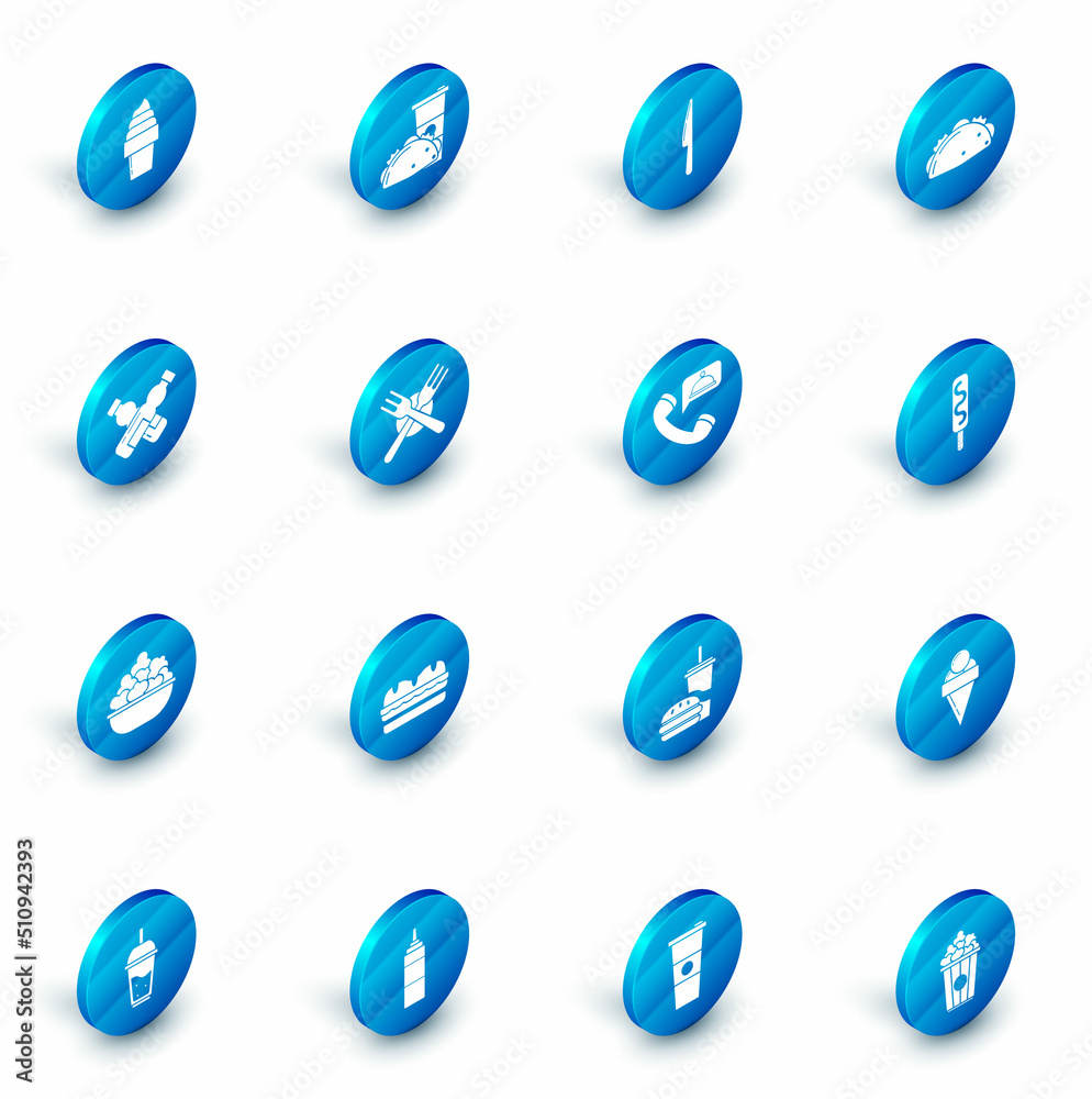 Set Paper glass and taco with tortilla, Knife, Taco, Crossed bottle of water, Popcorn in bowl, fork, Ice cream and Food ordering icon. Vector Set Paper glass and taco with tortilla, Knife, Taco, Crossed bottle of water, Popcorn in bowl, fork, Ice cream and Food ordering icon. Vector