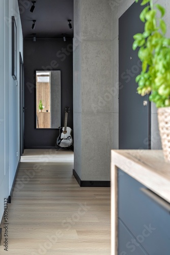 Corridor with mirror, wooden floor and grey door. Interior of hallway with entrance in stylish new apartment. White wall in building at home. Vertical.