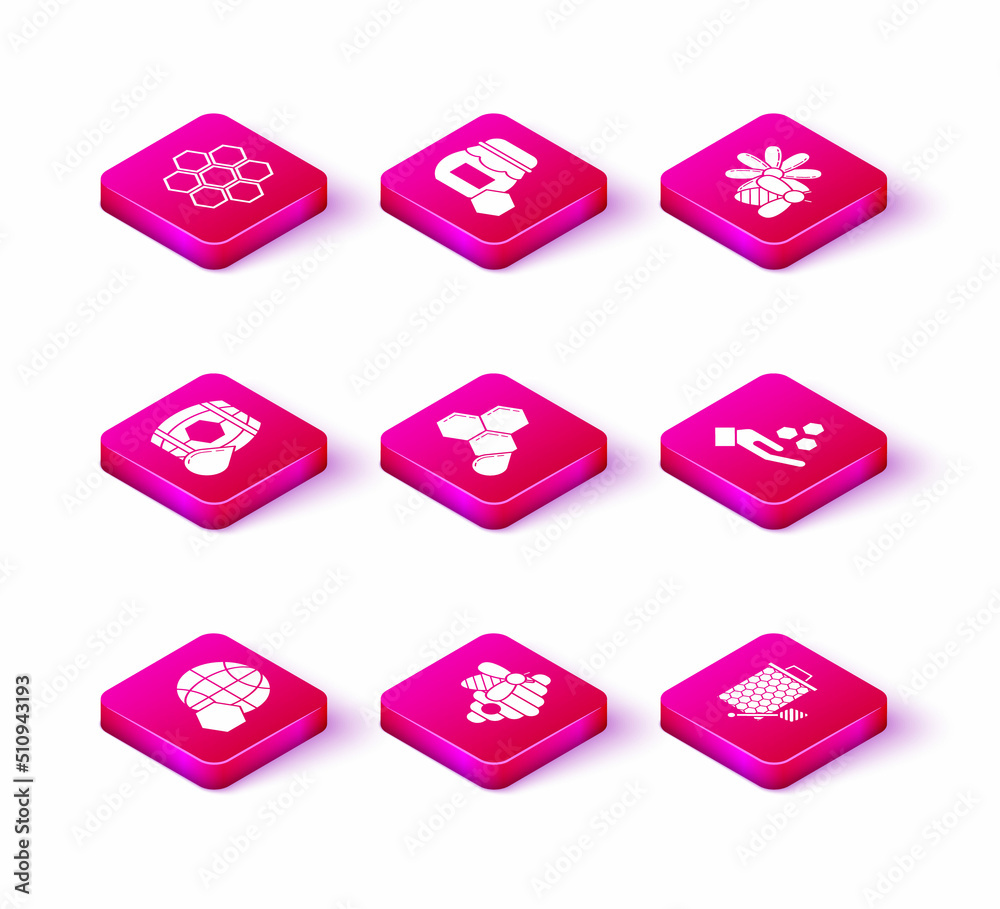 Set Honeycomb map of the world, Hive for bees, Wooden barrel with honey, dipper stickicon, and hand, Bee flower and Jar icon. Vector Set Honeycomb map of the world, Hive for bees, Wooden barrel with honey, dipper stickicon, and hand, Bee flower and Jar icon. Vector