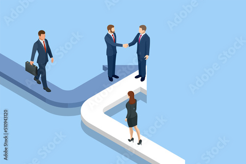 Isometric Business Success Concept. Business man handshake. Entrepreneur business man leader. Searching for opportunities. Business concept.