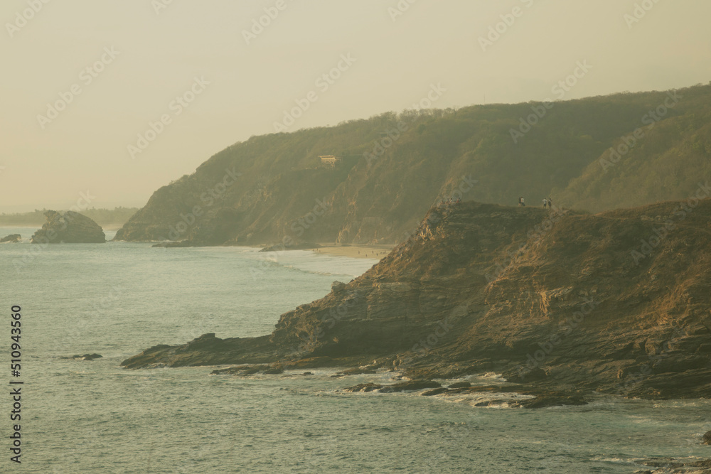 beautiful ocean view at sunset, hiking, healthy lifestyle, relaxation, rest on the coast,  