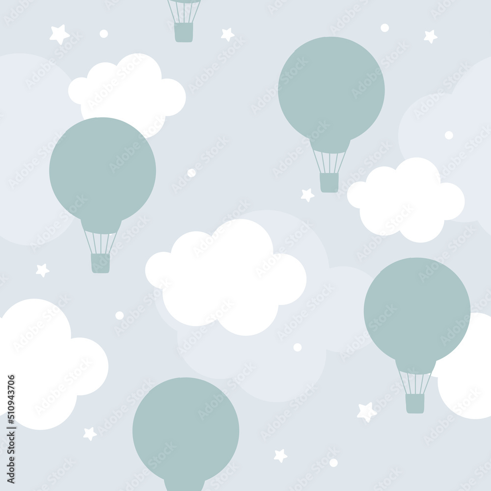 Obraz premium Vector hand drawn seamless pattern with white clouds and balloons on a blue background. Modern trendy children's wallpapers, textiles, prints for baby clothes.
