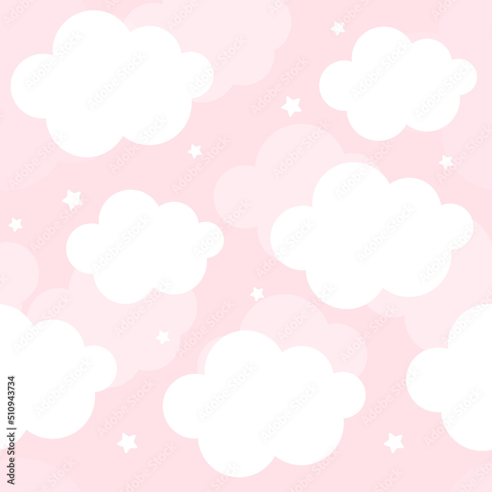 Vector hand drawn modern childrens wallpaper. Airy cute clouds and stars on a pink background. Seamless pattern. Scandinavian style. To decorate a child's room. Wallpaper for a little princess.