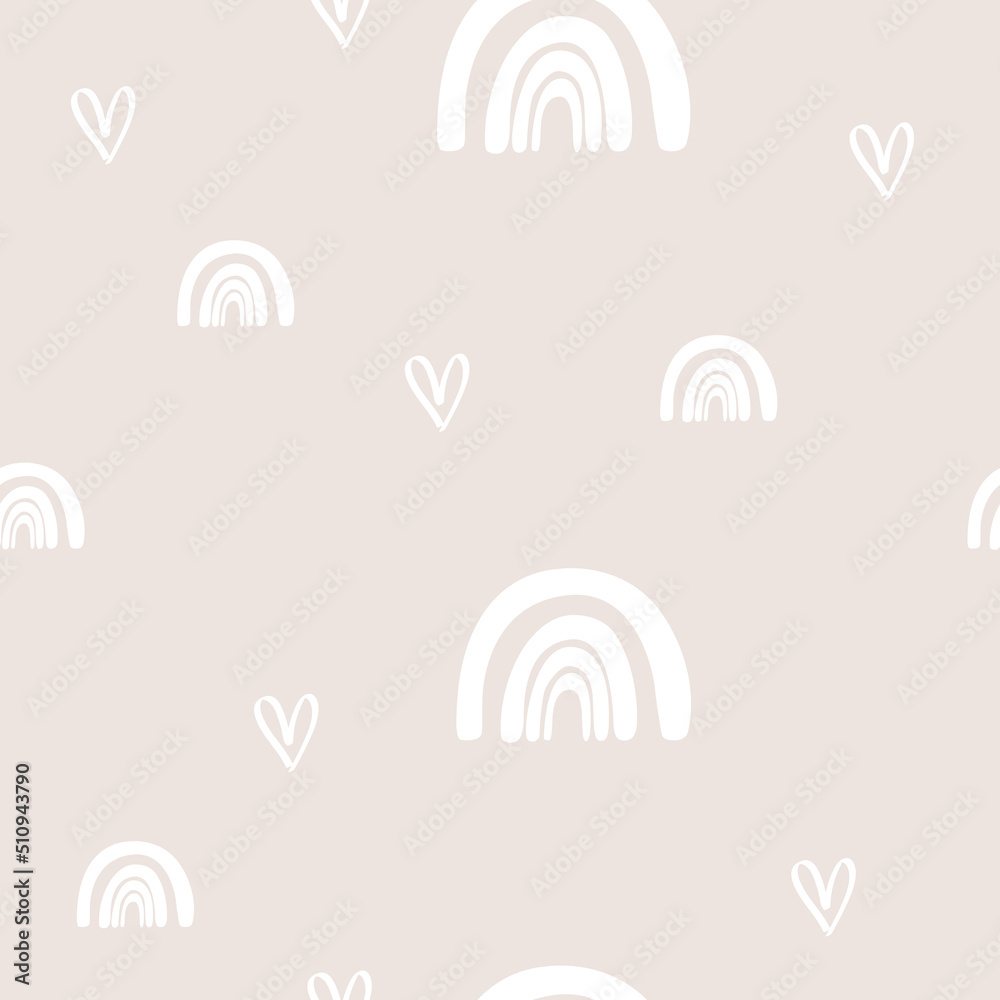 Seamless background with hearts and rainbows. Hand drawn vector. Cute. For wallpaper, fabric, clothing, gift paper, packaging. For valentine's day.