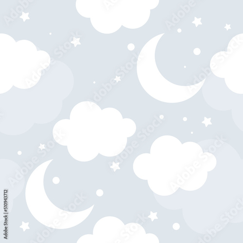 Fototapeta Naklejka Na Ścianę i Meble -  Vector hand drawn seamless pattern with clouds, stars and moon. On a blue background. Children's 3D wallpaper, textiles, print for clothes.