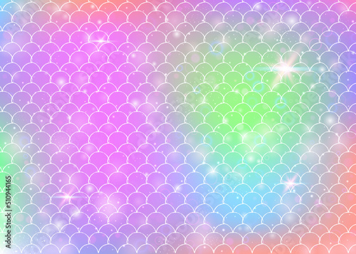Princess mermaid background with kawaii rainbow scales pattern.