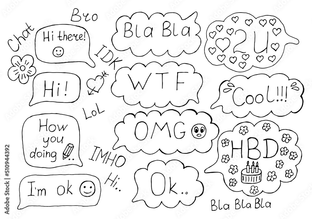 Speech bubbles set with expression text HI, OK, LOL, WTF, OMG, HBD ...