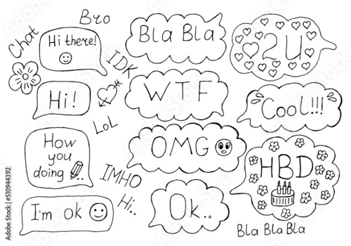 Speech bubbles set with expression text HI, OK, LOL, WTF, OMG, HBD, COOL, 2U, BLA,BLA, IMHO and other abbreviations and elements isolated on white background. Pop art style. Vector illustration.