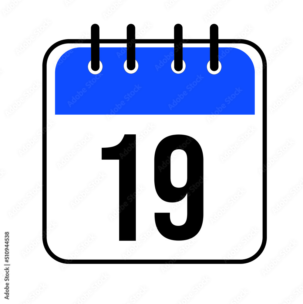 Calendar day 19. Number nineteen on a white paper with blue border isolated on white background. Vector illustration. Calendar day 19. Number nineteen on a white paper with blue border isolated on white background. Vector illustration.