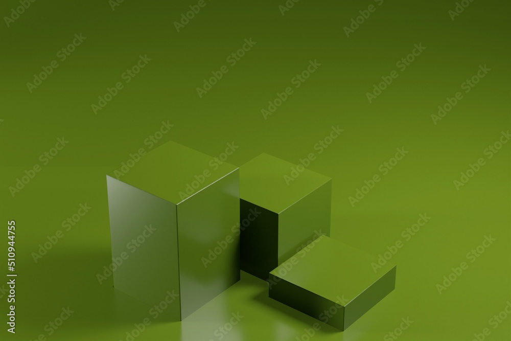 Three green cube podium for product display, green background scene with geometrical forms. empty showcase 3d rendering Three green cube podium for product display, green background scene with geometrical forms. empty showcase 3d rendering