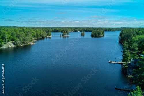 Aerial summer shot of some docks on Healey Lake in Bracebridge Ontario, Canada photo
