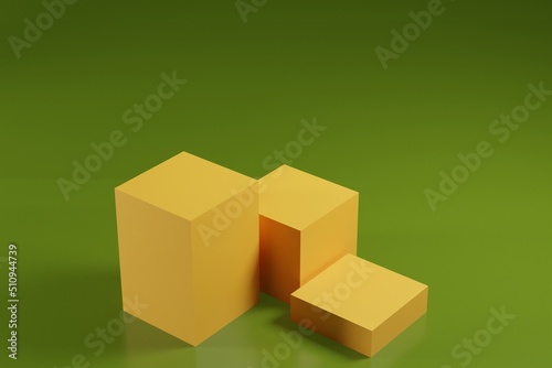 Three yellow cube podium for product display, green background scene with geometrical forms. empty showcase 3d rendering