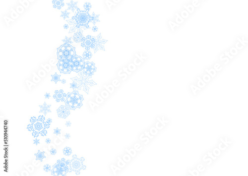 Winter frame with blue snowflakes for Christmas and New Year celebration. Horizontal winter frame on white background for banners, gift coupons, vouchers, ads, party events. Falling frosty snow.