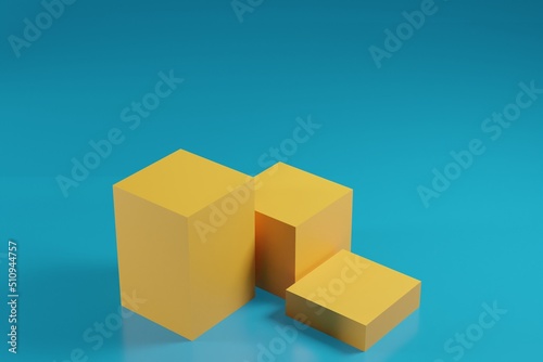 Three yellow cube podium for product display, blue background scene with geometrical forms. empty showcase 3d rendering