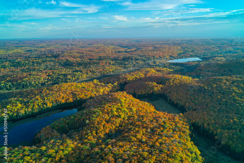 Aerial shot of Lakes, ponds & forests in autumn