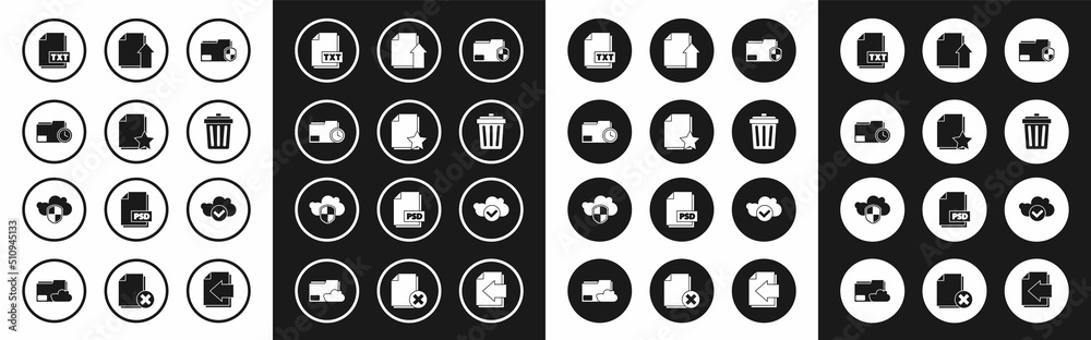 Set Document folder protection, with star, clock, TXT file document, Trash can, Upload, Cloud check mark and and shield icon. Vector Set Document folder protection, with star, clock, TXT file document, Trash can, Upload, Cloud check mark and and shield icon. Vector