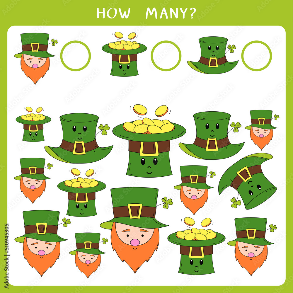 Educational math game for kids. Count how many Saint Patricks day symbols and write the result. Vector worksheet Educational math game for kids. Count how many Saint Patricks day symbols and write the result. Vector worksheet
