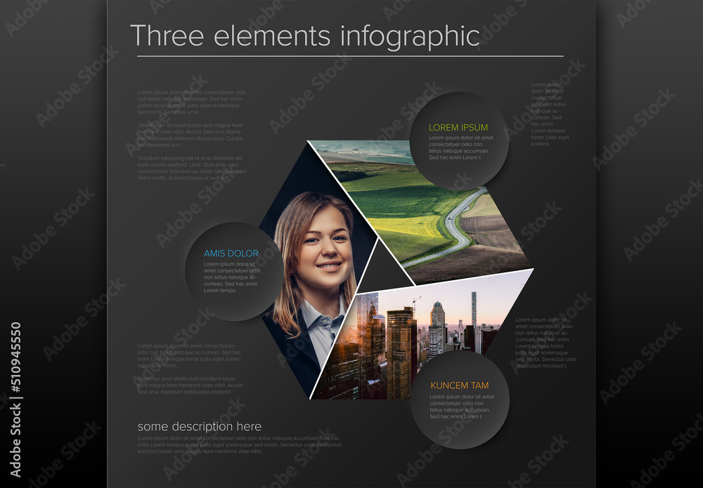 Abstract Dark Infographic Layout with Photo Placeholders and Circle ...
