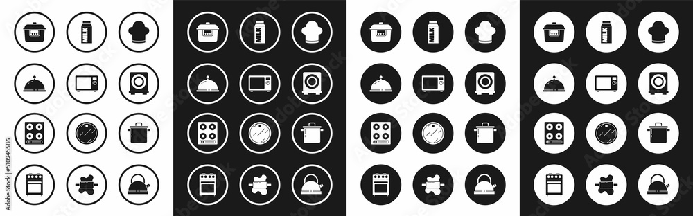 Set Chef hat, Microwave oven, Covered with tray of food, Slow cooker, Electric stove, Paper package for milk, Cooking pot and Gas icon. Vector Set Chef hat, Microwave oven, Covered with tray of food, Slow cooker, Electric stove, Paper package for milk, Cooking pot and Gas icon. Vector