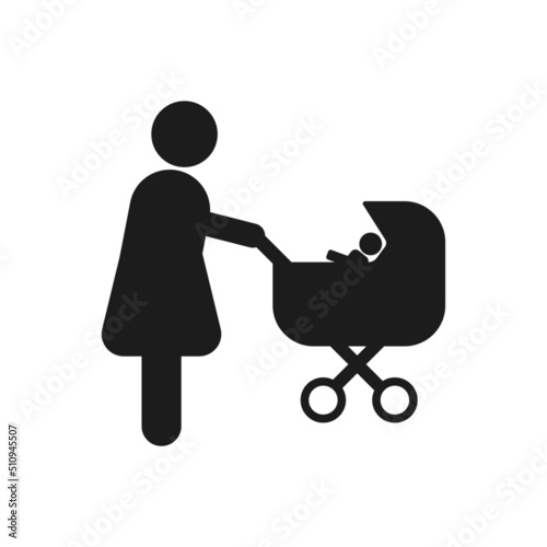 Vector icon of woman driving baby carriage.