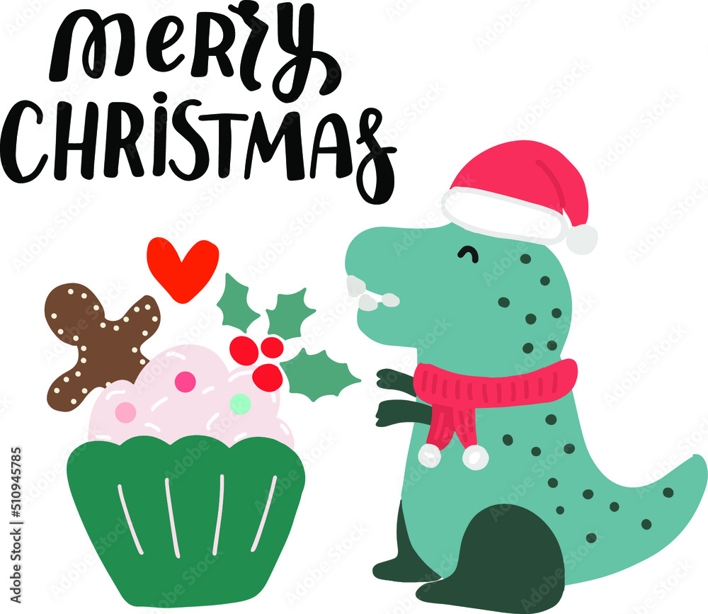Cute Christmas dinosaur. Tyrannosaurus. T rex dino with Christmas cupcake. Funny hand drawn cartoon vector winter holiday illustration. Cute Christmas dinosaur. Tyrannosaurus. T rex dino with Christmas cupcake. Funny hand drawn cartoon vector winter holiday illustration.