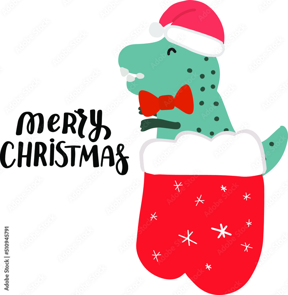 Cute Christmas dinosaur. Tyrannosaurus T rex dino in Christmas socks