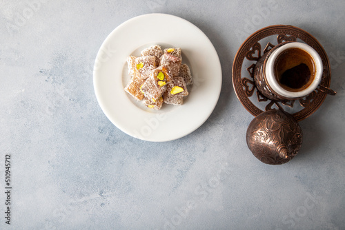 Traditional pistachio Turkish delight and Turkish coffee
