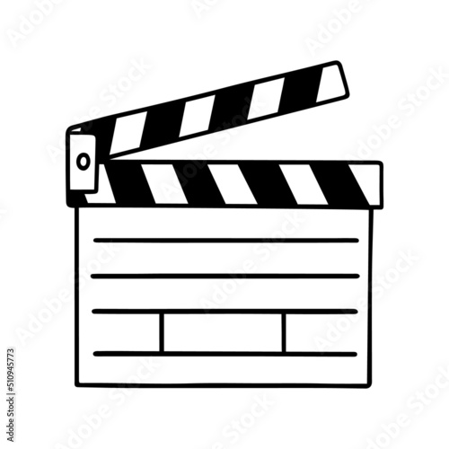 Hand drawn cinema clapperboard doodle. Movie element in sketch style. Vector illustration isolated on white background.