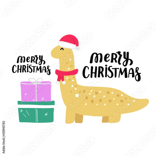 Cute Christmas dinosaur. Brontosaurus in Santa red hat and Christmas gifts. Hand drawn cartoon vector winter holiday illustration.