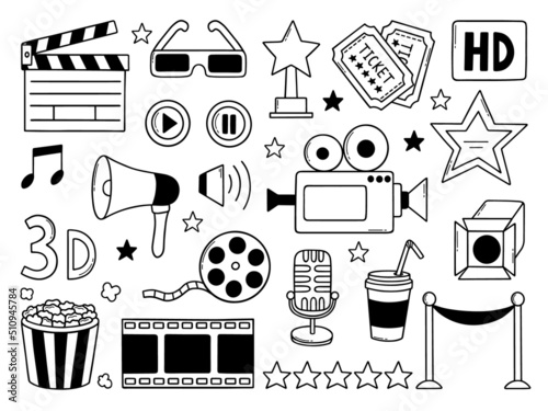 Hand drawn set of Cinema, film doodle. Movie elements in sketch style. Camera, film strip, popcorn, clapperboard, ticket. Vector illustration isolated on white background.