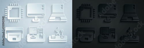 Set Monitor with keyboard, Laptop, Waist bag of banana, Gamepad, Computer monitor screen and Processor CPU icon. Vector