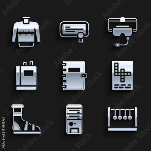 Set Spiral notebook, Computer, Pendulum, Crossword, Slippers with socks, Book, Virtual reality glasses and Sweater icon. Vector