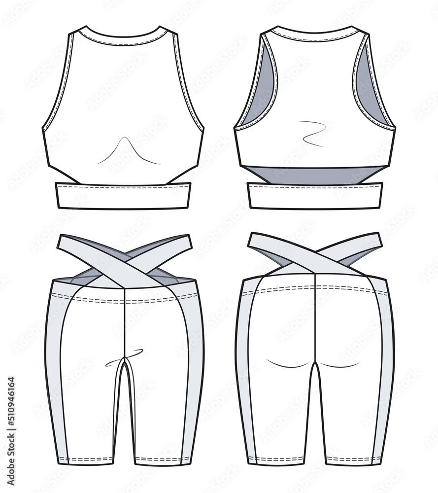 Girl's Sports Bra and Leggings fashion flat sketch template. Women's Active  wear Cycling shorts fnd Crop top technical fashion illustration, front and  back view, white, set. Stock Vector