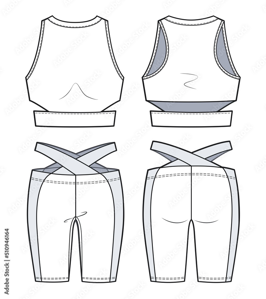 Girl's Sports Bra and Leggings fashion flat sketch template. Women's