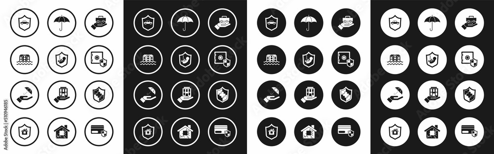 Set Hand holding briefcase, Life insurance with shield, House flood, Car, Safe, Umbrella, and hand icon. Vector Set Hand holding briefcase, Life insurance with shield, House flood, Car, Safe, Umbrella, and hand icon. Vector