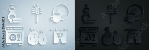 Set Garbage bag, Washing dishes, Dishwasher machine, Drying clothes, Toilet brush and Dishwashing liquid bottle icon. Vector