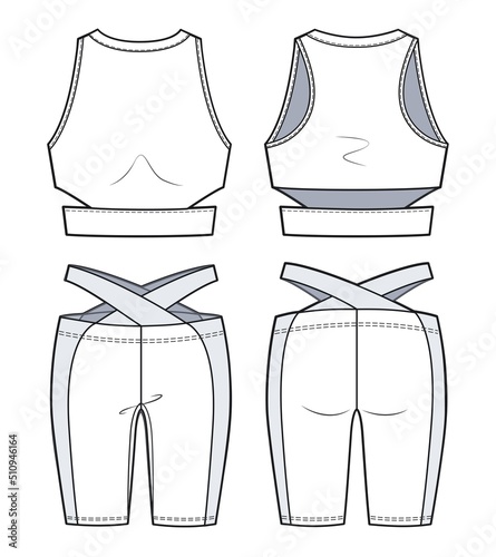 Girl's Sports Bra and Leggings fashion flat  sketch template. Women's Active wear Cycling shorts fnd Crop top technical fashion illustration, front and back view, white, set.