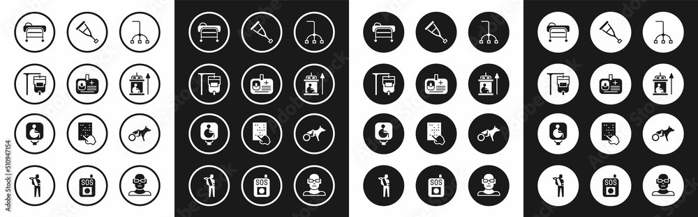 Set Walking stick cane, Identification badge, IV bag, Stretcher, Elevator for disabled, Crutch crutches, Dog wheelchair and Disabled icon. Vector