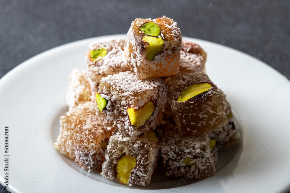 Traditional pistachio Turkish delight in a plate
