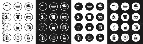 Set Cheese, Milk jug or pitcher, Whipped cream in bottle, Butter butter dish, Paper package for milk and Milkshake icon. Vector