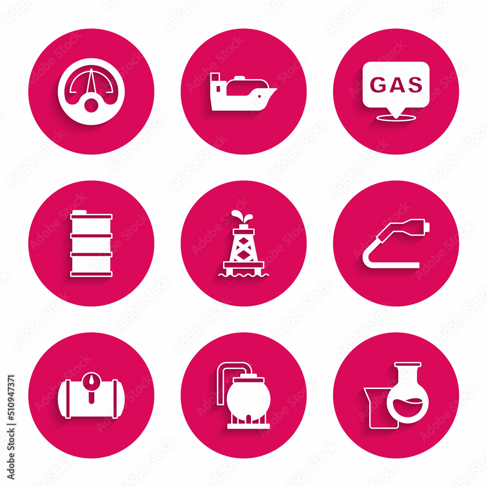 Set Oil rig, tank storage, petrol test tube, Electrical cable plug charging, Gas for vehicle, Barrel oil, Location and gas station and Motor gauge icon. Vector Set Oil rig, tank storage, petrol test tube, Electrical cable plug charging, Gas for vehicle, Barrel oil, Location and gas station and Motor gauge icon. Vector