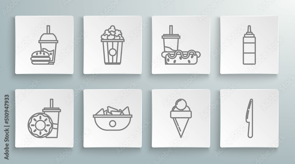 Set line Paper glass with drinking straw and donut, Popcorn cardboard box, Nachos plate, Ice cream waffle cone, Knife, hotdog, Sauce bottle and burger icon. Vector Set line Paper glass with drinking straw and donut, Popcorn cardboard box, Nachos plate, Ice cream waffle cone, Knife, hotdog, Sauce bottle and burger icon. Vector
