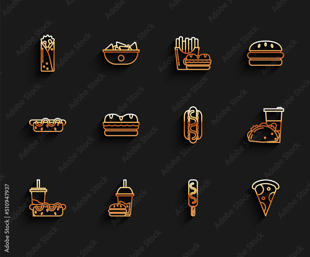 Set line Paper glass with drinking straw and hotdog, burger, Doner kebab, Ice cream, Slice of pizza, Sandwich, taco tortilla and Hotdog sandwich mustard icon. Vector Set line Paper glass with drinking straw and hotdog, burger, Doner kebab, Ice cream, Slice of pizza, Sandwich, taco tortilla and Hotdog sandwich mustard icon. Vector