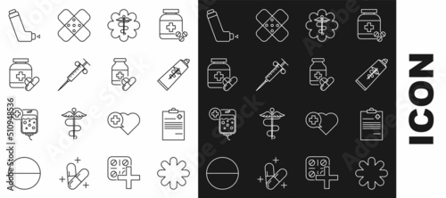 Set line Cross hospital medical, Ointment cream tube medicine, Emergency star symbol Caduceus snake stick, Syringe, Medicine bottle and pills, Inhaler and icon. Vector