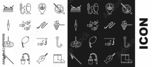 Set line Fishing boots, hook, net with fish, Location fishing, float, boat rod water and line and icon. Vector
