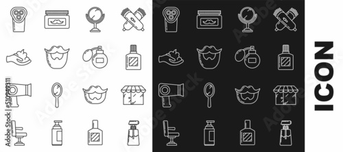 Set line Cream or lotion cosmetic tube, Barbershop building, Aftershave, Hand mirror, Mustache beard, Shaving gel foam hand, Electrical hair clipper shaver and icon. Vector